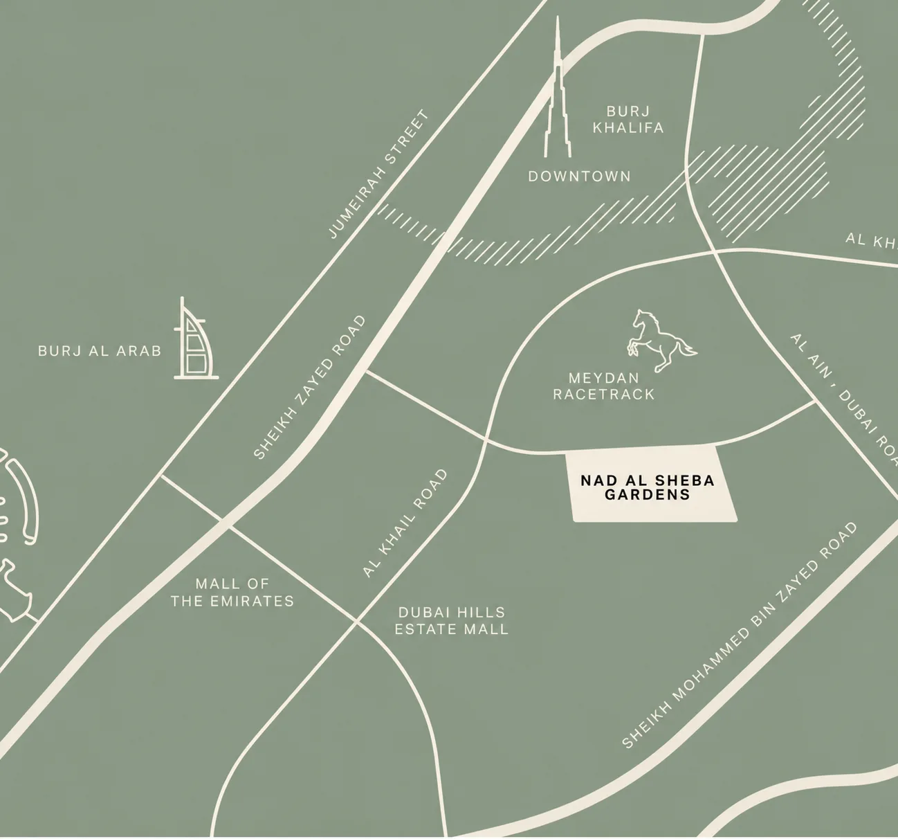 Map positioning Lunaya near Sheikh Zayed Road and major destinations in the Jebel Ali growth corridor